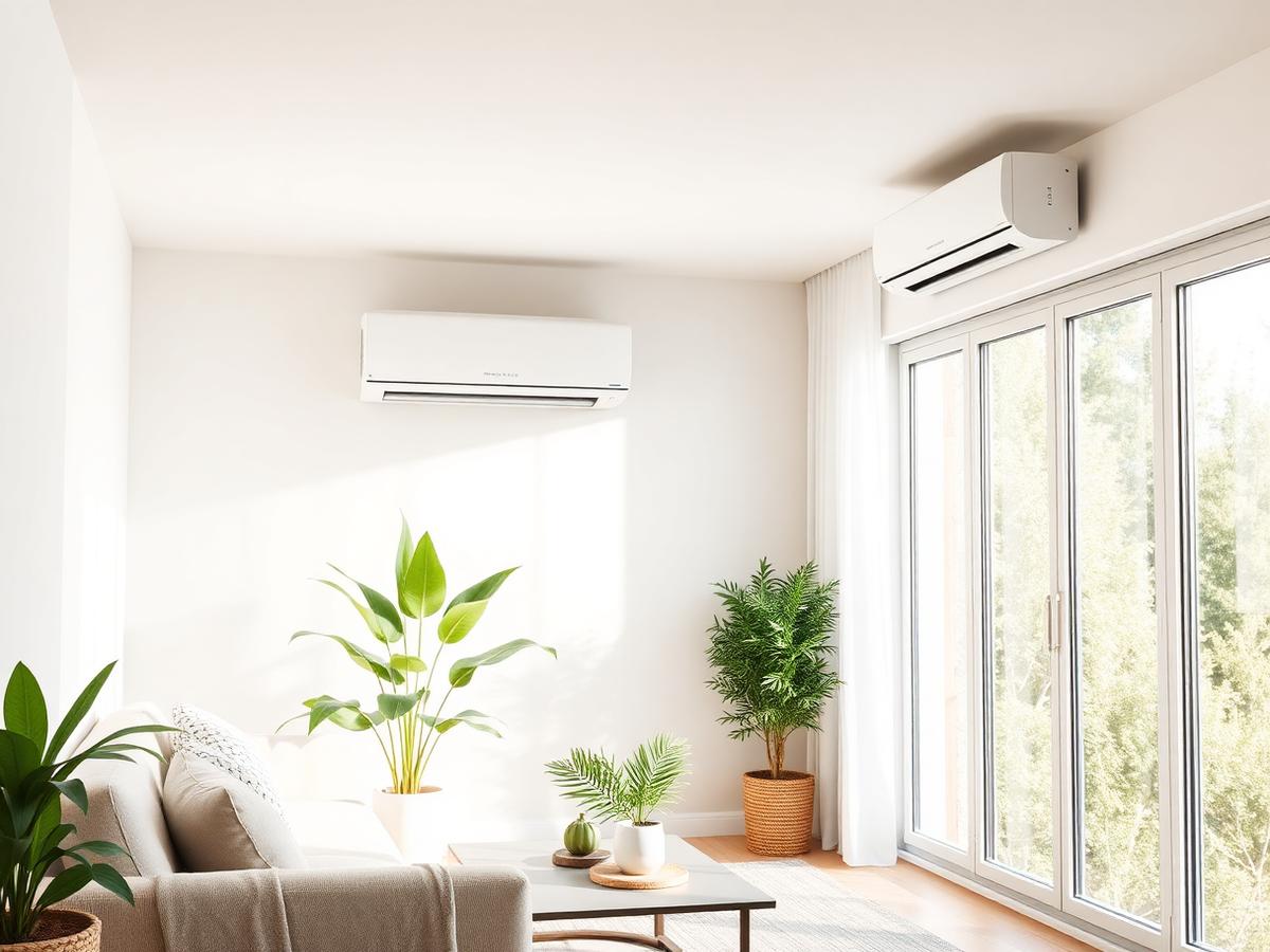 Ductless mini-split heat pump mounted in a bright living room