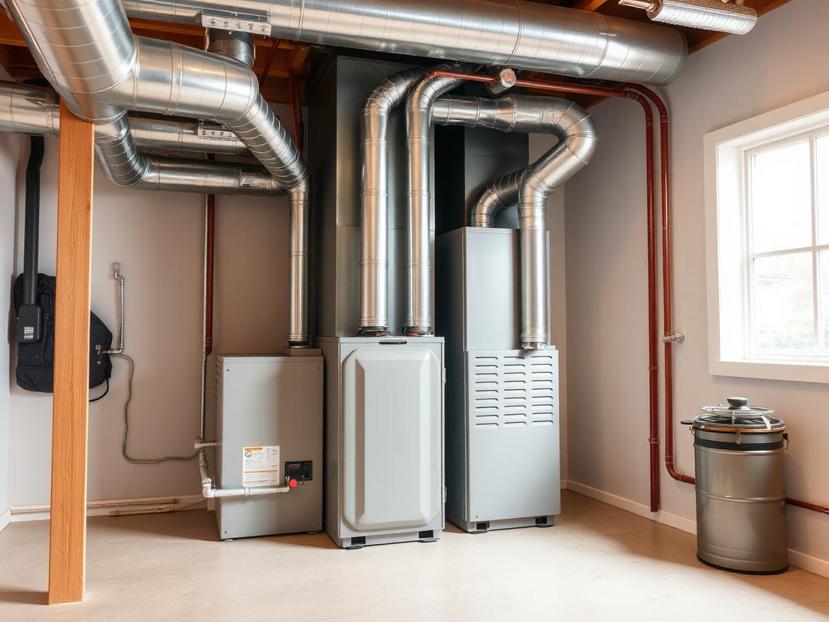 High-efficiency furnace and ductwork installed in a home utility room