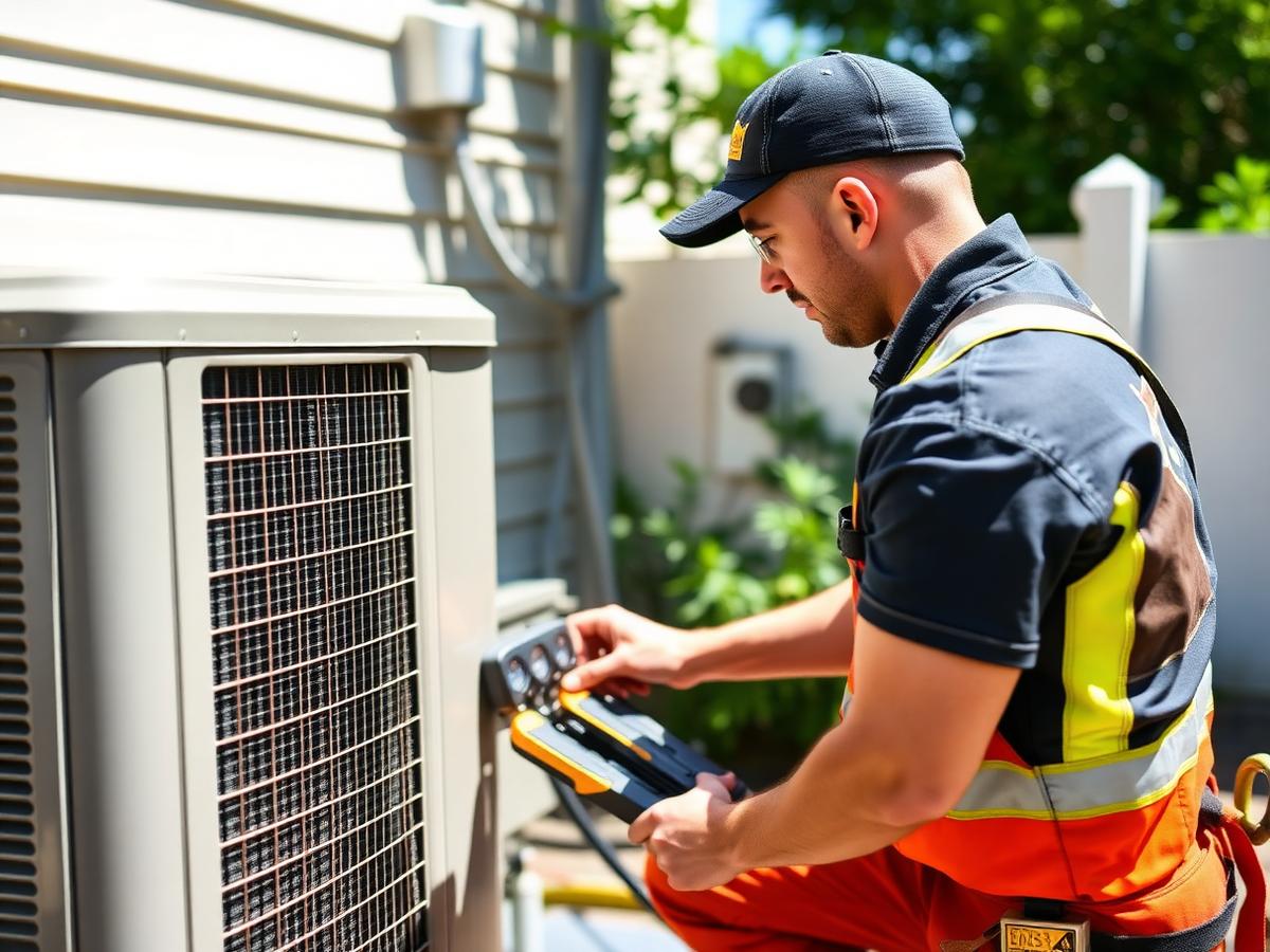 Certified HVAC technician servicing an outdoor air conditioner condenser